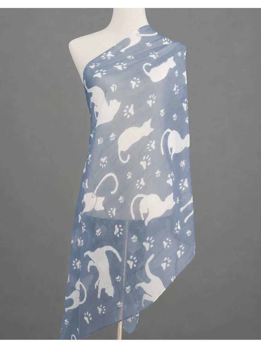 Lightweight Blue Scarf with White Cat and Paw Prints